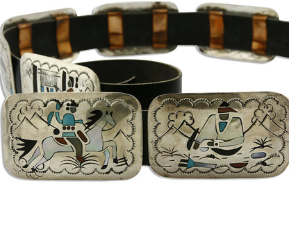 Navajo Concho Belt .925 Silver Inlaid Signed Artist Benson Boyd C.80's