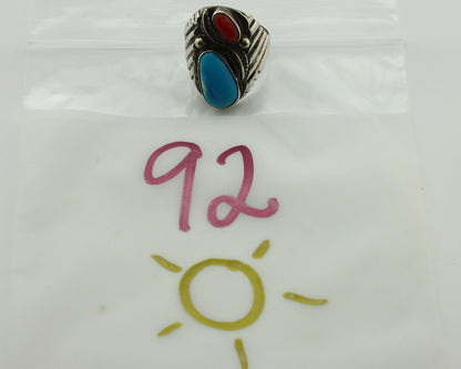 Navajo Ring 925 Silver Coral & Easter Blue Turquoise Native Artist C.1980's