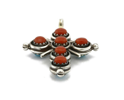 Zuni Natural Turquoise and Coral Reversible 925 Silver Handmade Pendant