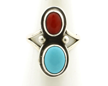 Navajo Handmade Ring 925 Silver Coral & Turquoise Native American Artist C.80's