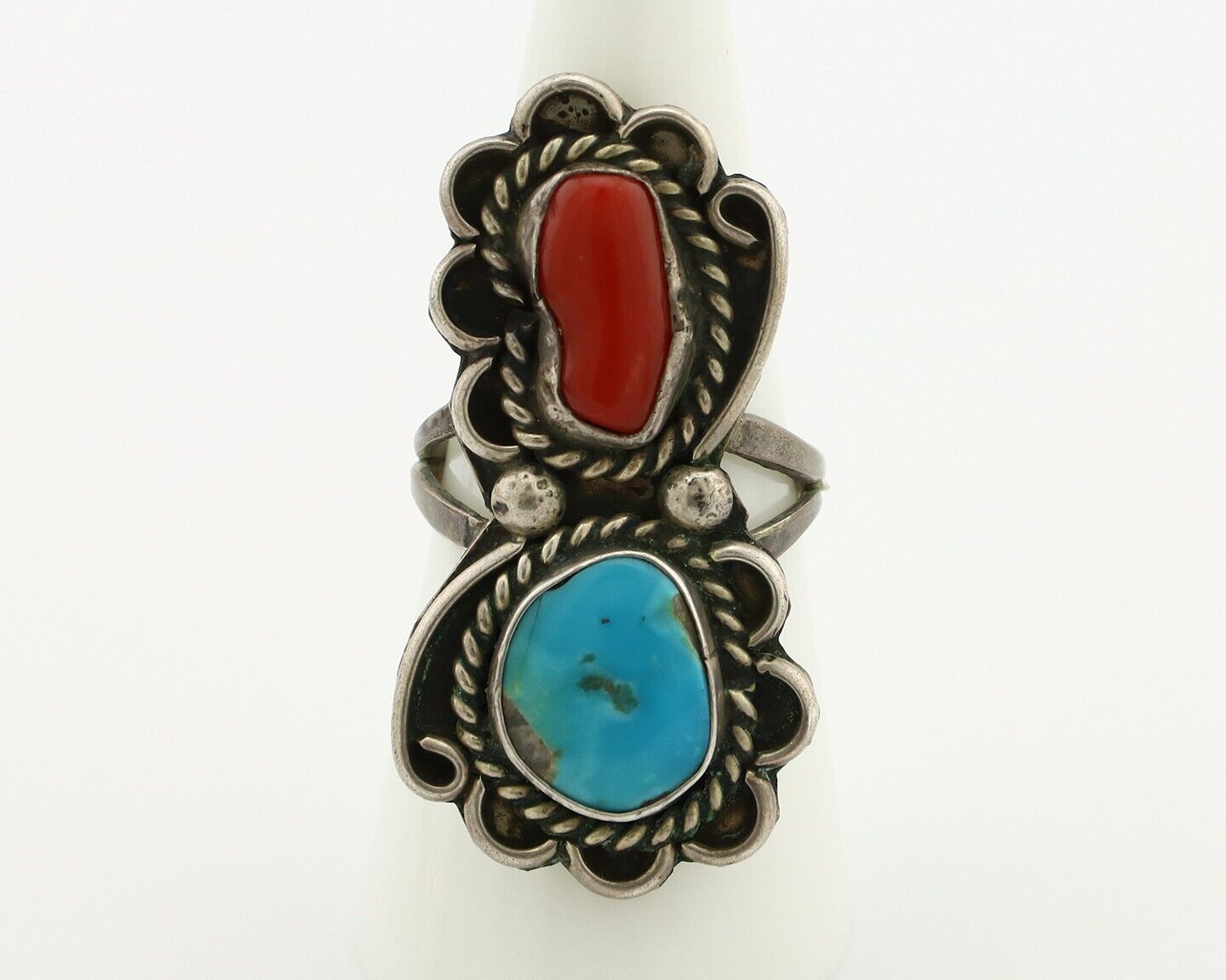Navajo Ring 925 Silver Blue Turquiose & Mediterranean Coral Native Artist C.80's