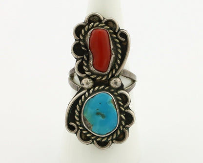 Navajo Ring 925 Silver Blue Turquiose & Mediterranean Coral Native Artist C.80's