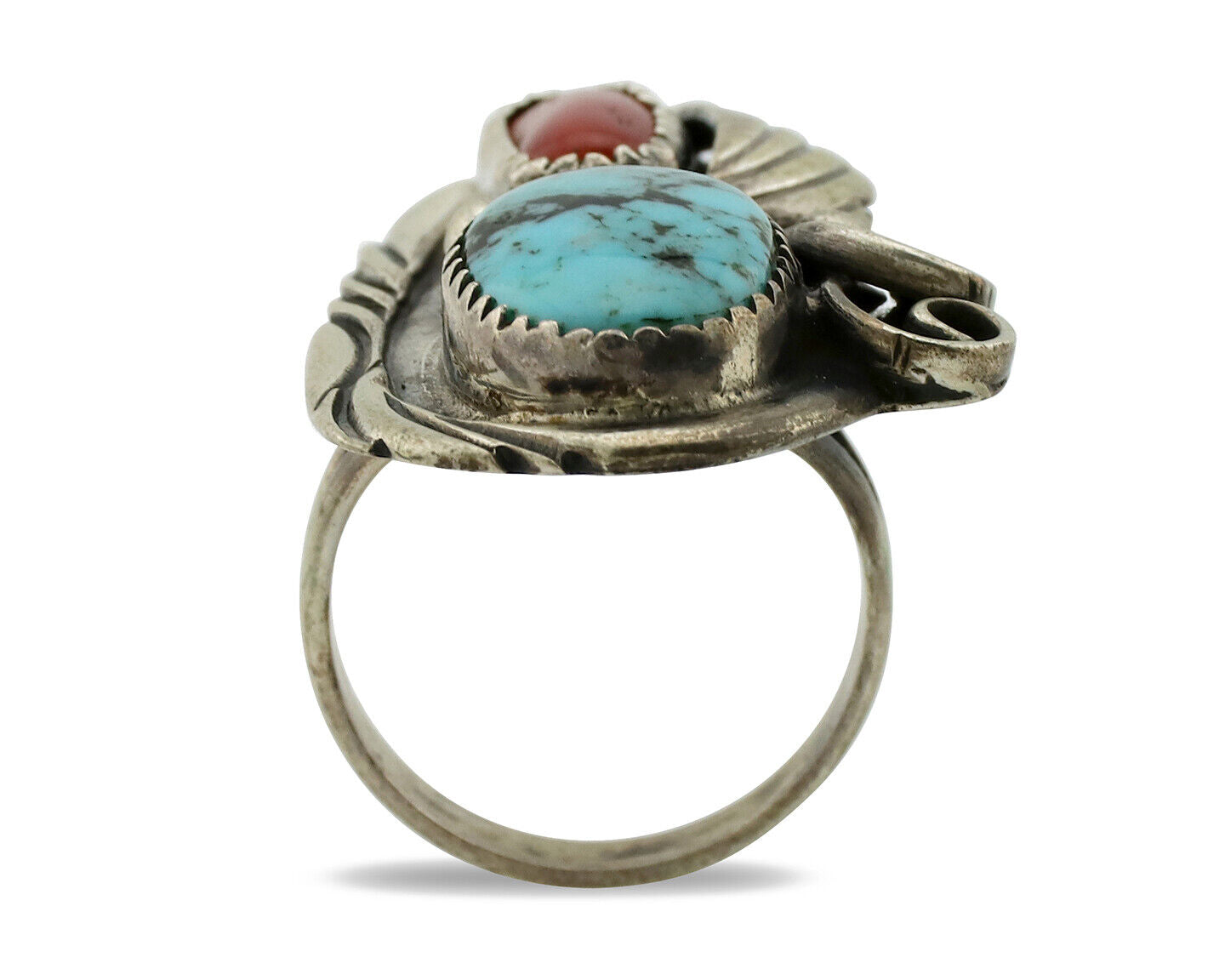 Navajo Ring 925 Silver Turquoise & Coral Artist Signed Native American C.80s