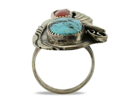 Navajo Ring 925 Silver Turquoise & Coral Artist Signed Native American C.80s
