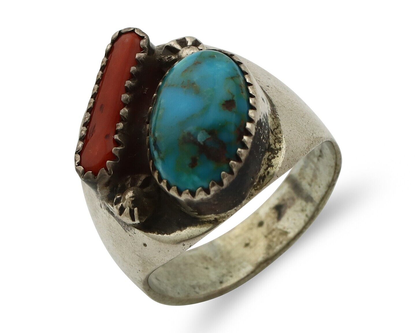 Navajo Ring 925 Silver Blue Turquiose & Mediterranean Coral Native Artist C.80's