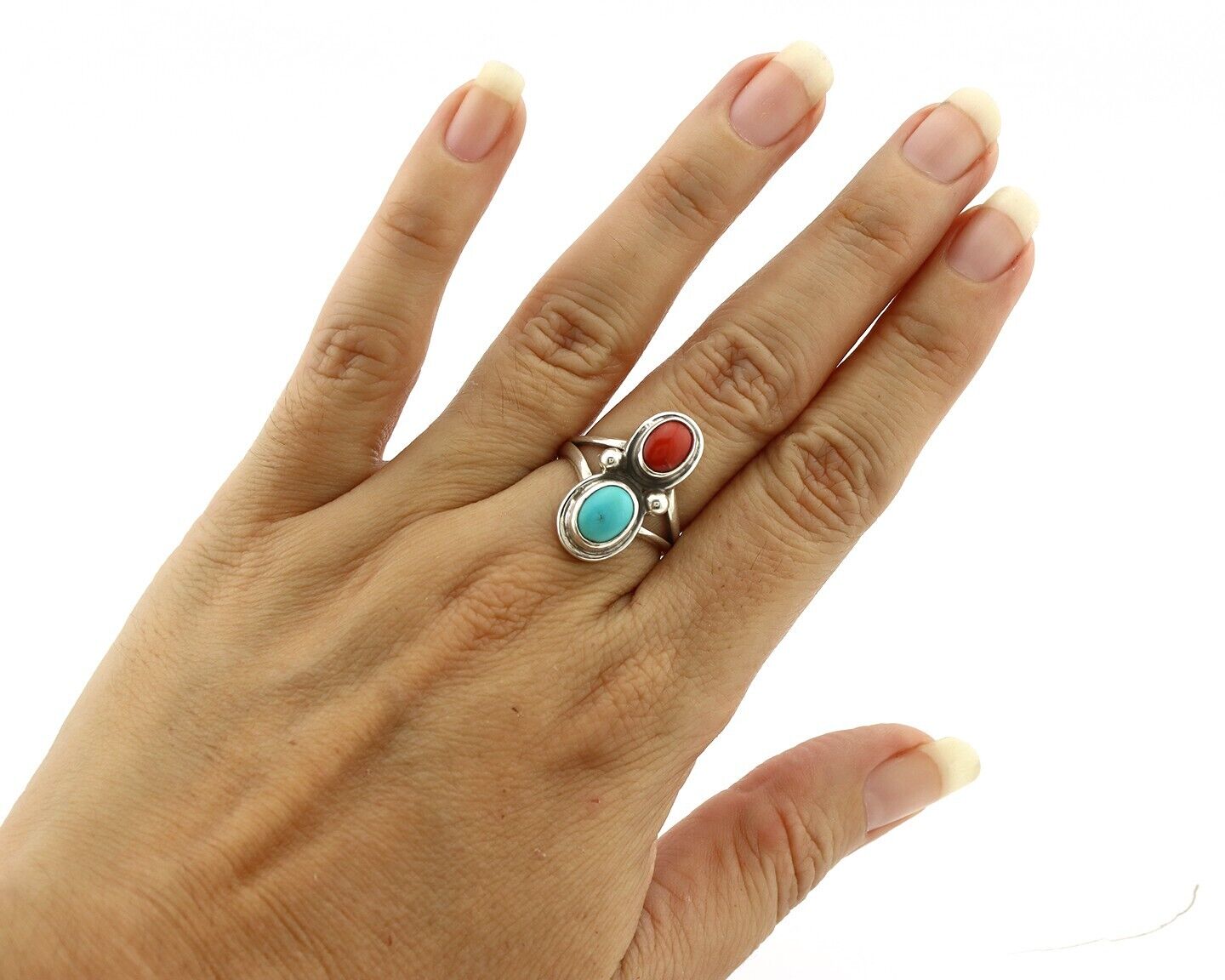 Navajo Handmade Ring 925 Silver Coral & Turquoise Native American Artist C.80's