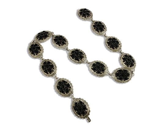 Navajo Concho Belt .925 Silver Onyx Signed M Montoya 80's