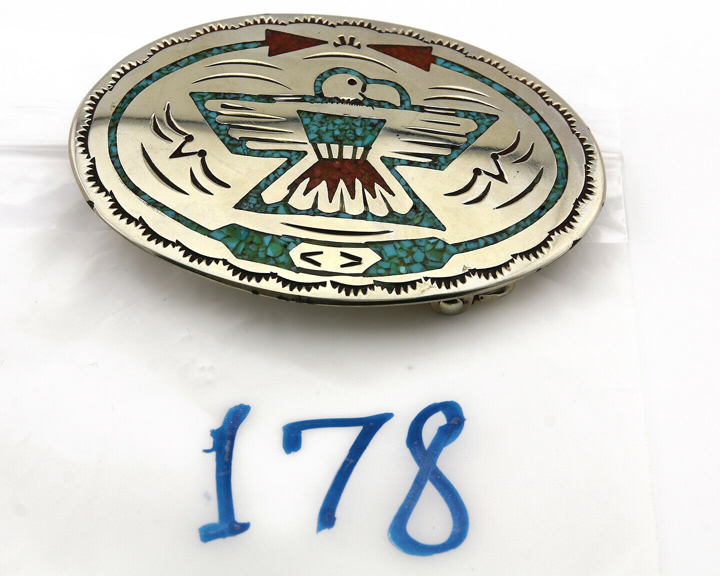 Navajo Belt Buckle .999 Nickle Silver Turquoise Coral Signed SD C.80's