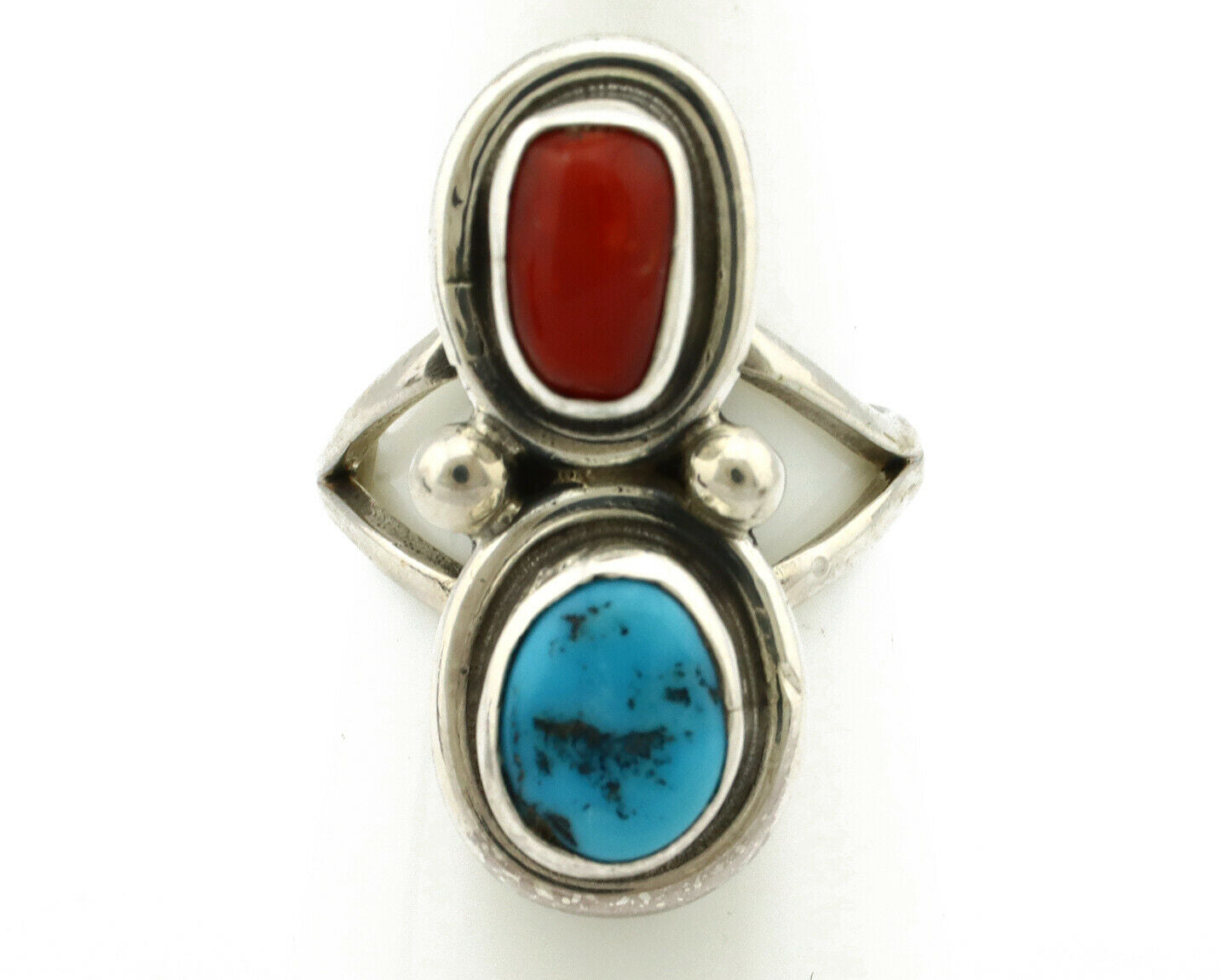 Navajo Ring .925 Silver Red Coral & Blue Turquoise Native Artist C.80's