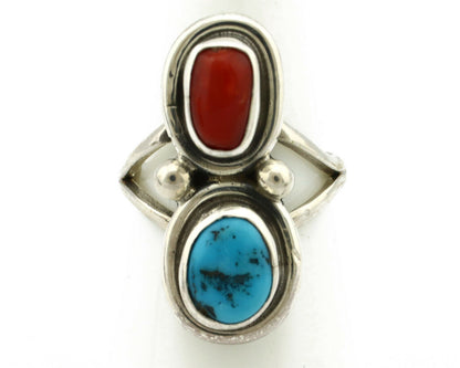 Navajo Ring .925 Silver Red Coral & Blue Turquoise Native Artist C.80's