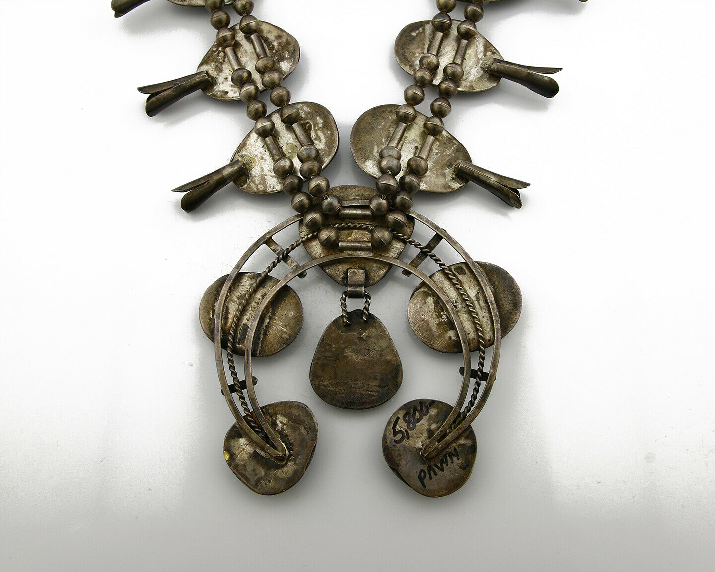 C.1950's Old Pawn Navajo Hand Stamped Bisbee Turquoise .925 Squash Necklace