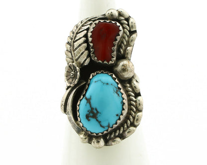 Navajo Ring .925 Silver Turquoise & Coral Artist Signed Thomas Singer C.80's