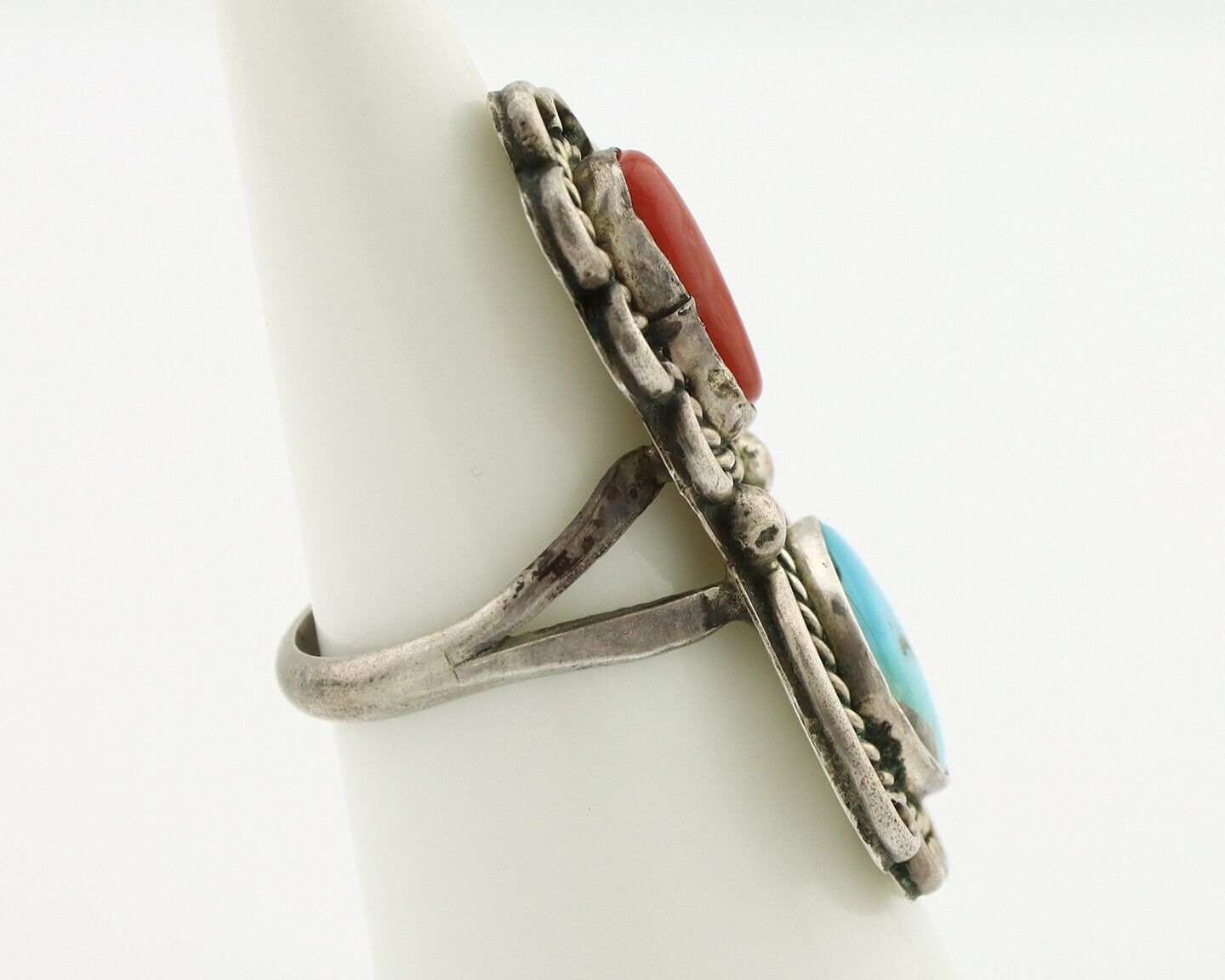 Navajo Ring 925 Silver Blue Turquiose & Mediterranean Coral Native Artist C.80's