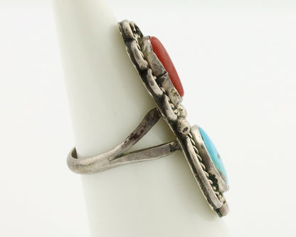Navajo Ring 925 Silver Blue Turquiose & Mediterranean Coral Native Artist C.80's