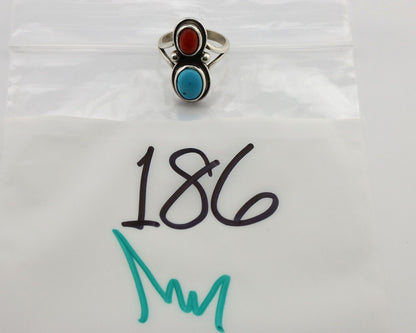 Navajo Handmade Ring 925 Silver Coral & Turquoise Native American Artist C.80's