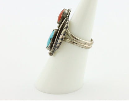 Navajo Handmade Ring 925 Silver Turquiose & Coral Native American Artist C.80's