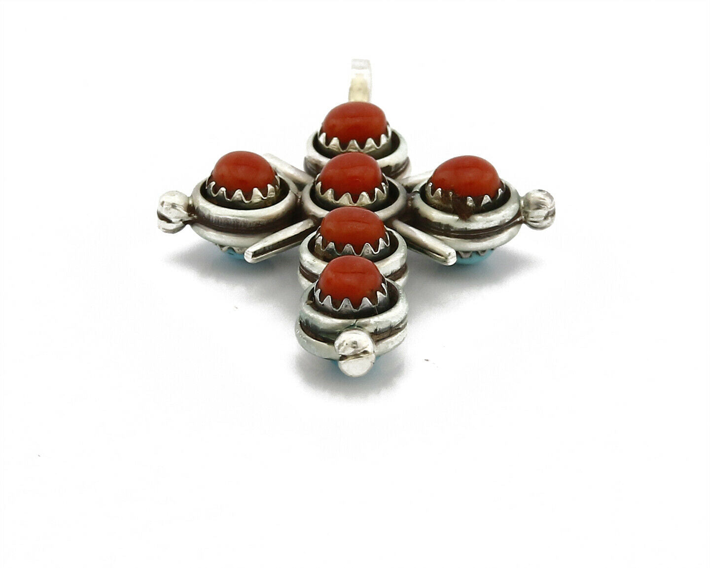 Zuni Natural Turquoise and Coral Reversible 925 Silver Handmade Pendant