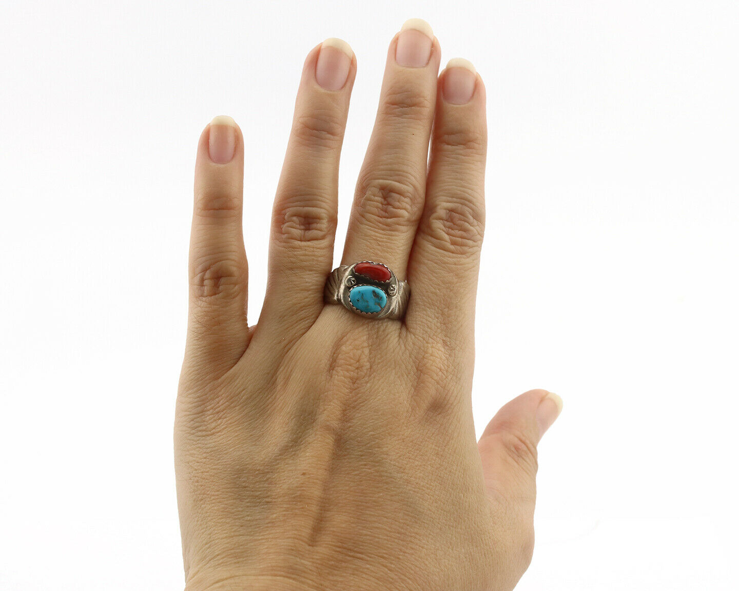 Zuni Ring .925 Silver Natural Turquoise & Coral Native American Artist C.1980's