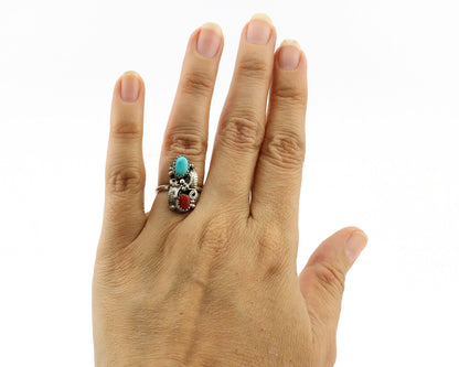 Navajo Ring 925 Silver Turquoise & Coral Artist Signed Native American C.80s