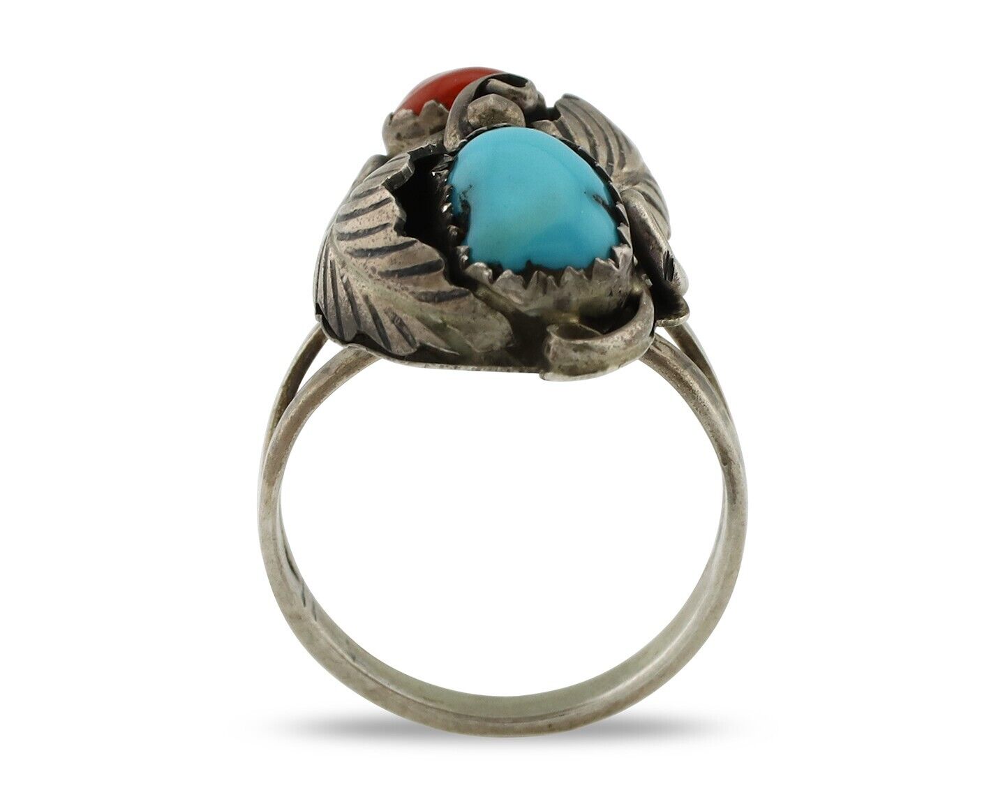 Navajo Handmade Ring 925 Silver Turquiose & Coral Native American Artist C.80's