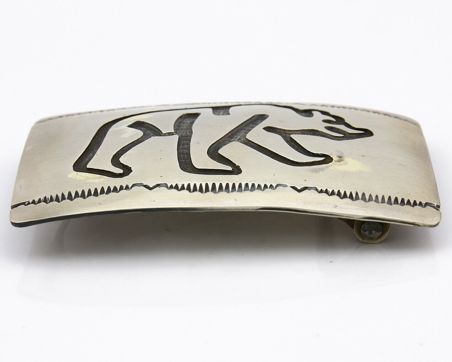 Navajo Belt Buckle .925 Silver Hand Stamped Overlay Signed T Arrow C.80's