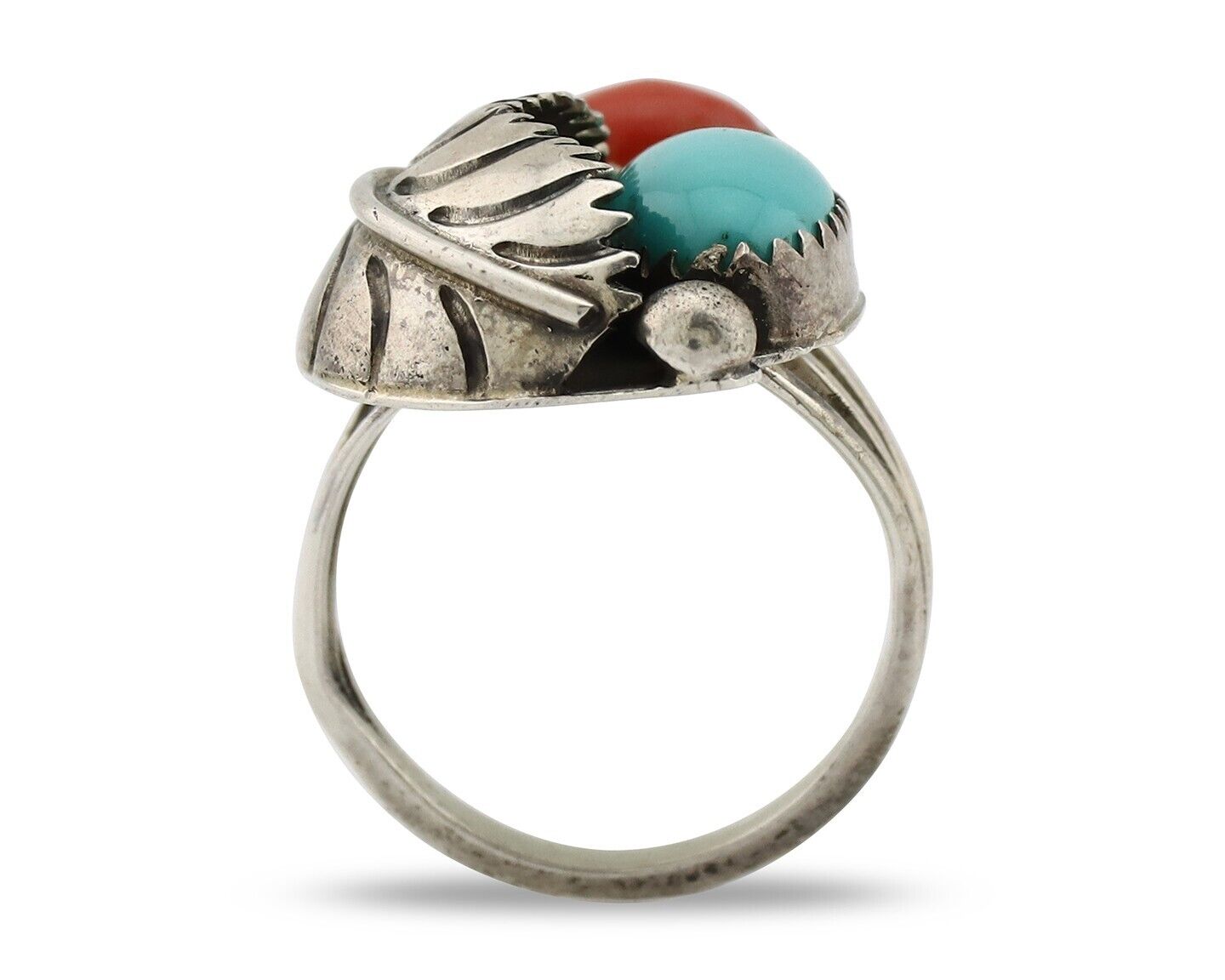 Navajo Handmade Ring 925 Silver Turquiose & Coral Native American Artist C.80's