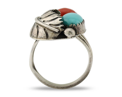 Navajo Handmade Ring 925 Silver Turquiose & Coral Native American Artist C.80's