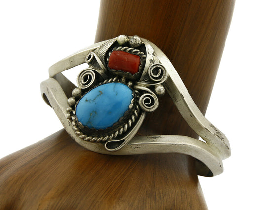 Navajo Bracelet .925 Silver Turquoise & Coral Signed Justin Morris C.80's