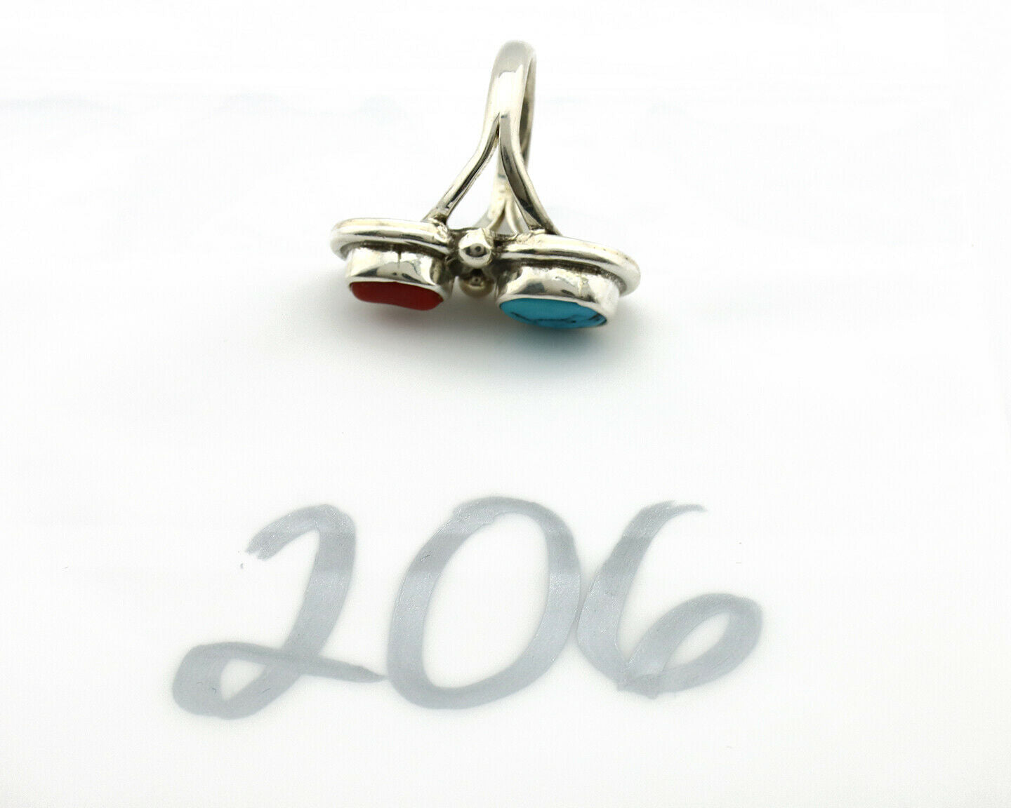 Navajo Ring .925 Silver Red Coral & Blue Turquoise Native Artist C.80's