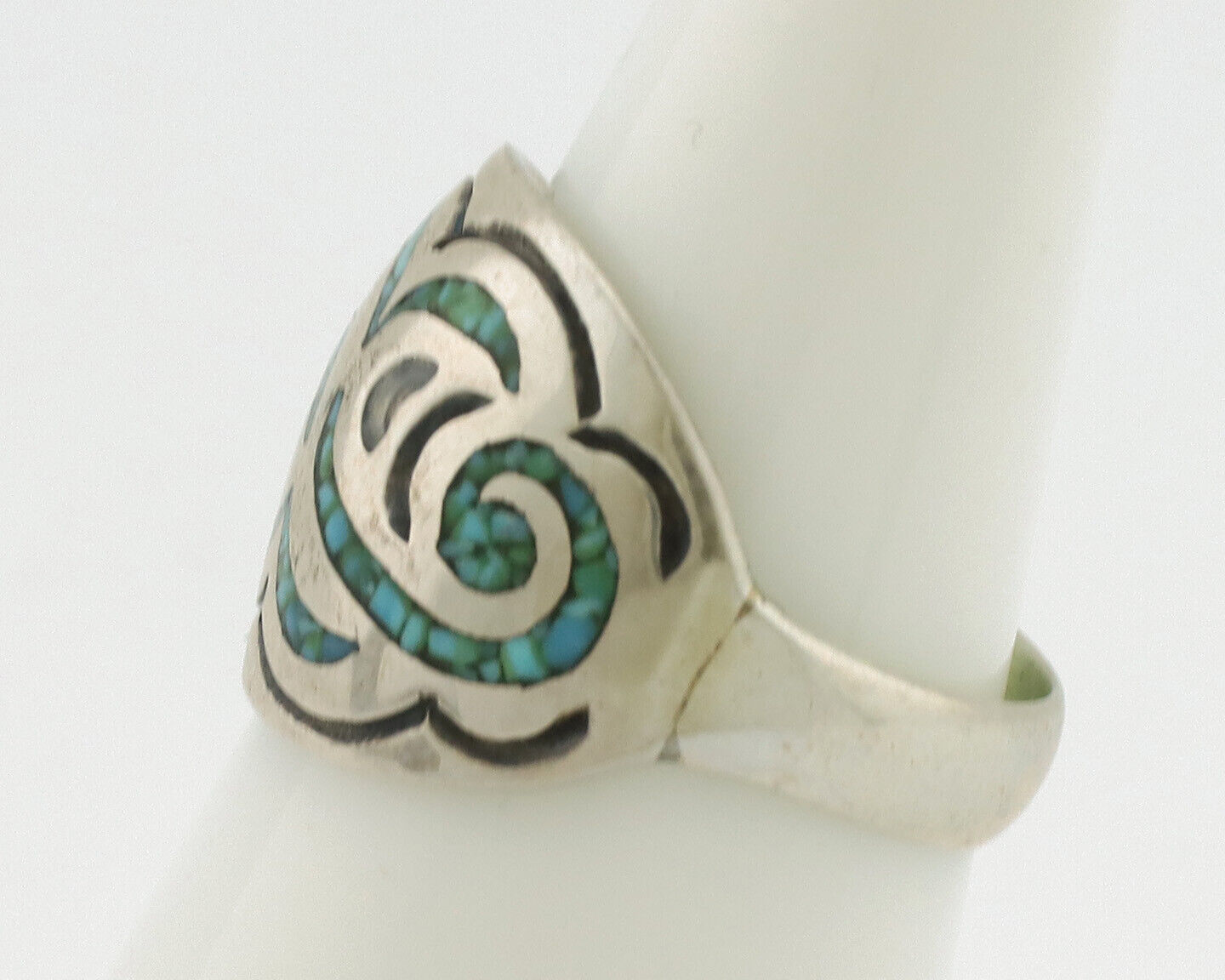 Navajo Ring 925 Silver Chip Inlay Turquoise Artist Signed Thomas Singer C.80's