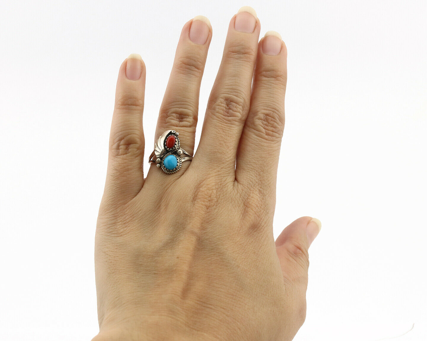 Navajo Ring .925 Silver Morenci Turquoise & Coral Native Artist Signed JM C.80's