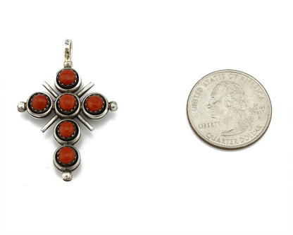 Zuni Natural Turquoise and Coral Reversible 925 Silver Handmade Pendant