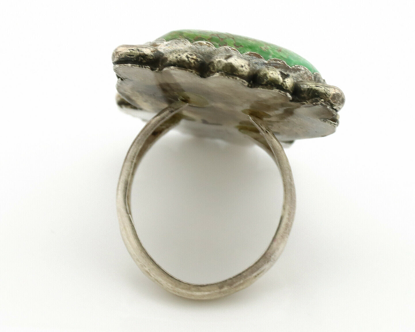 Navajo Ring .925 Silver Green Spiderweb Turquoise Native Artist C.1980's