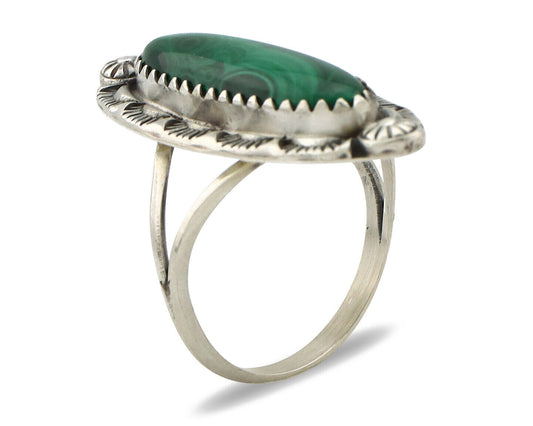 Navajo Ring 925 Silver Natural Malachite Artist Native American Signed H C.80's