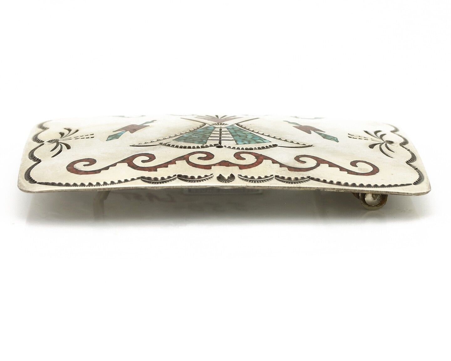 Navajo Belt Buckle .925 Silver Handmade Chip Inlay Artist Signed Bee Gay C.80's