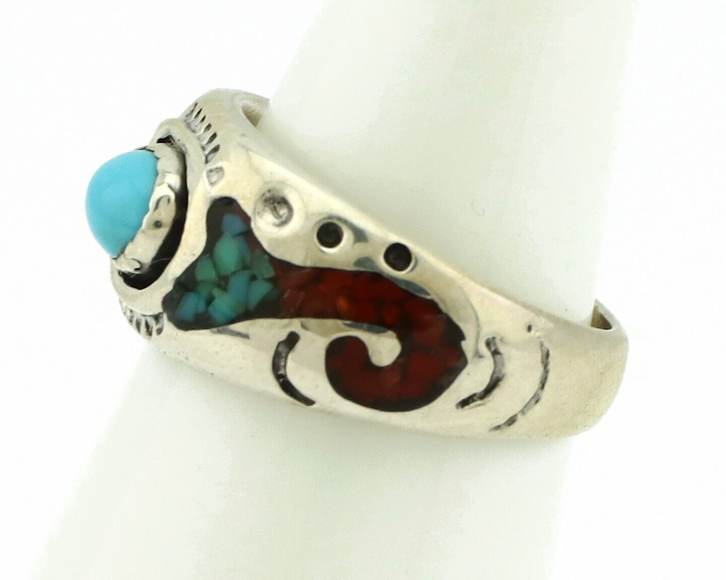 Navajo Handmade Ring 925 Silver Blue Turquoise & Coral Native American C.80's