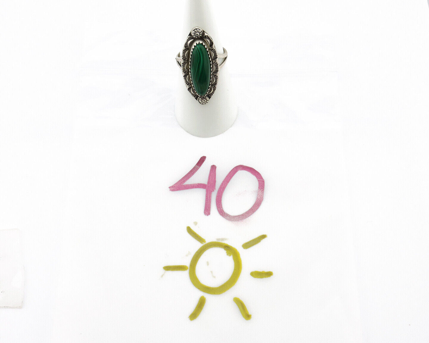 Navajo Ring 925 Silver Natural Malachite Artist Native American Signed H C.80's