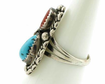 Navajo Ring .925 Silver Turquoise & Coral Artist Signed Thomas Singer C.80's