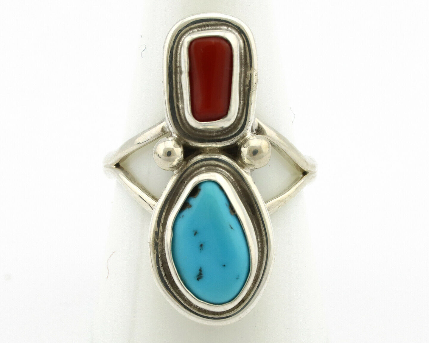 Navajo Ring .925 Silver Blue Turquoise & Red Coral Native American Artist C.80's