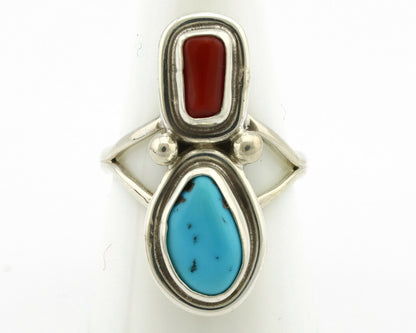 Navajo Ring .925 Silver Blue Turquoise & Red Coral Native American Artist C.80's