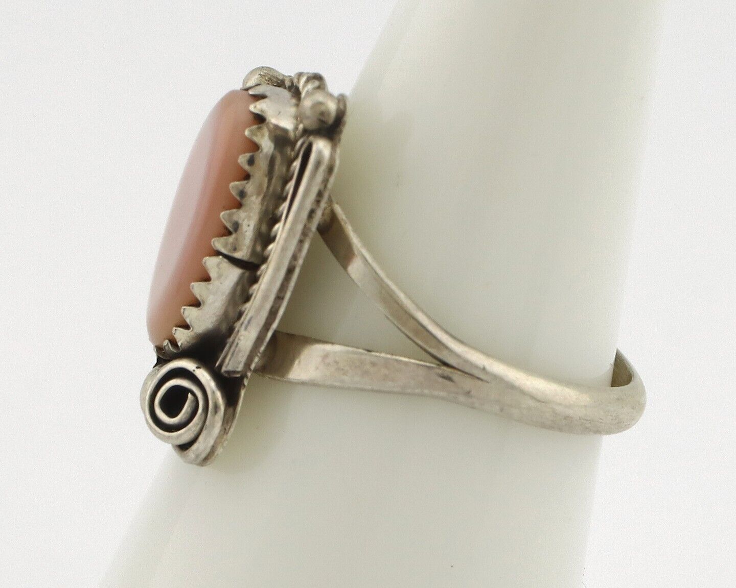 Navajo Ring .925 Silver Natural Pink Mussel Artist Signed Justin Morris C.80's