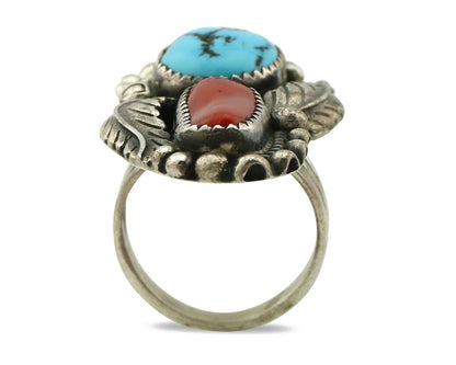 Navajo Ring .925 Silver Turquoise & Coral Artist Signed Thomas Singer C.80's