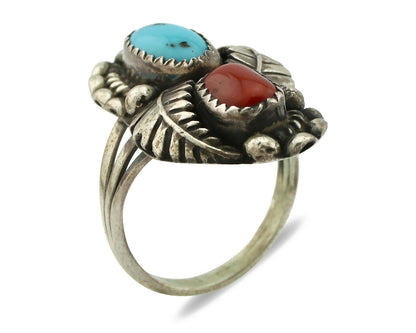 Navajo Ring .925 Silver Turquoise & Coral Artist Signed Thomas Singer C.80's