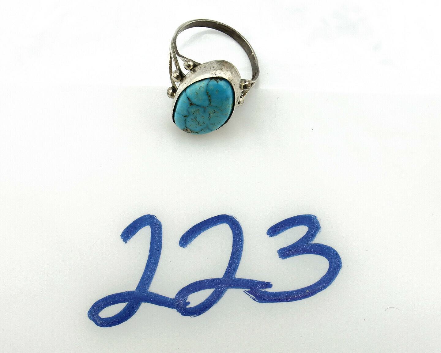 Navajo Ring .925 Silver Morenci Turquoise Artist Signed R C.80's