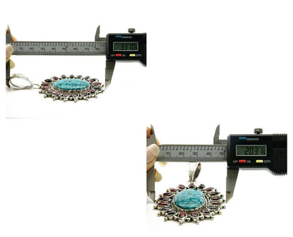 Navajo Pendant .925 Silver Natural Turquoise & Garnet Signed Artist BP C.80's