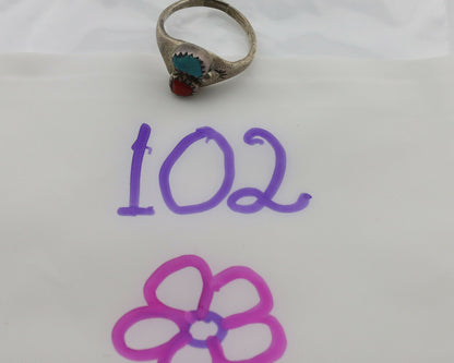 Zuni Ring .925 Silver Natural Turquoise & Coral Native American Artist C.1980's