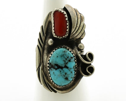 Navajo Ring 925 Silver Turquoise & Coral Artist Signed Native American C.80s