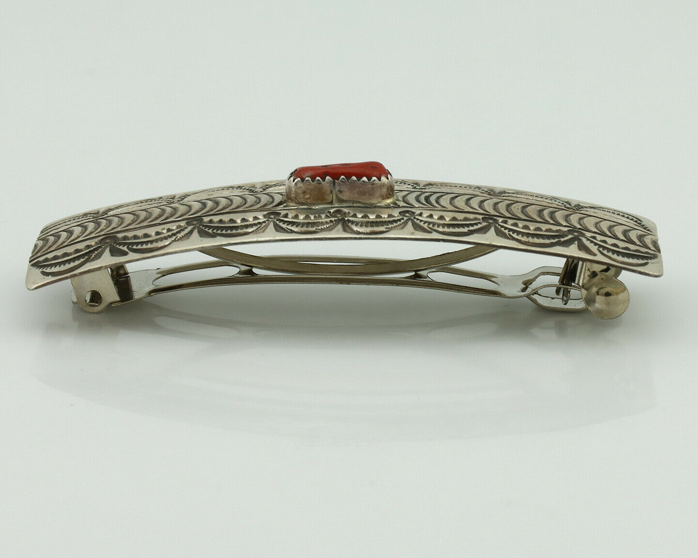 Women's Navajo Hair Clip .925 Silver Inlaid Red Coral Native American Artist 80s