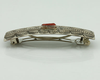 Women's Navajo Hair Clip .925 Silver Inlaid Red Coral Native American Artist 80s