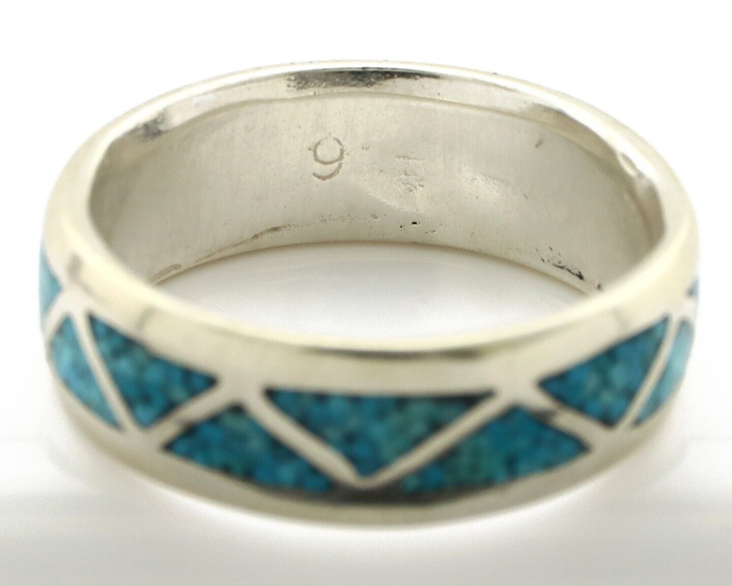 Navajo Chip Inlay Ring 925 Silver Sleeping Beauty Turquoise Artist Silver Cloud